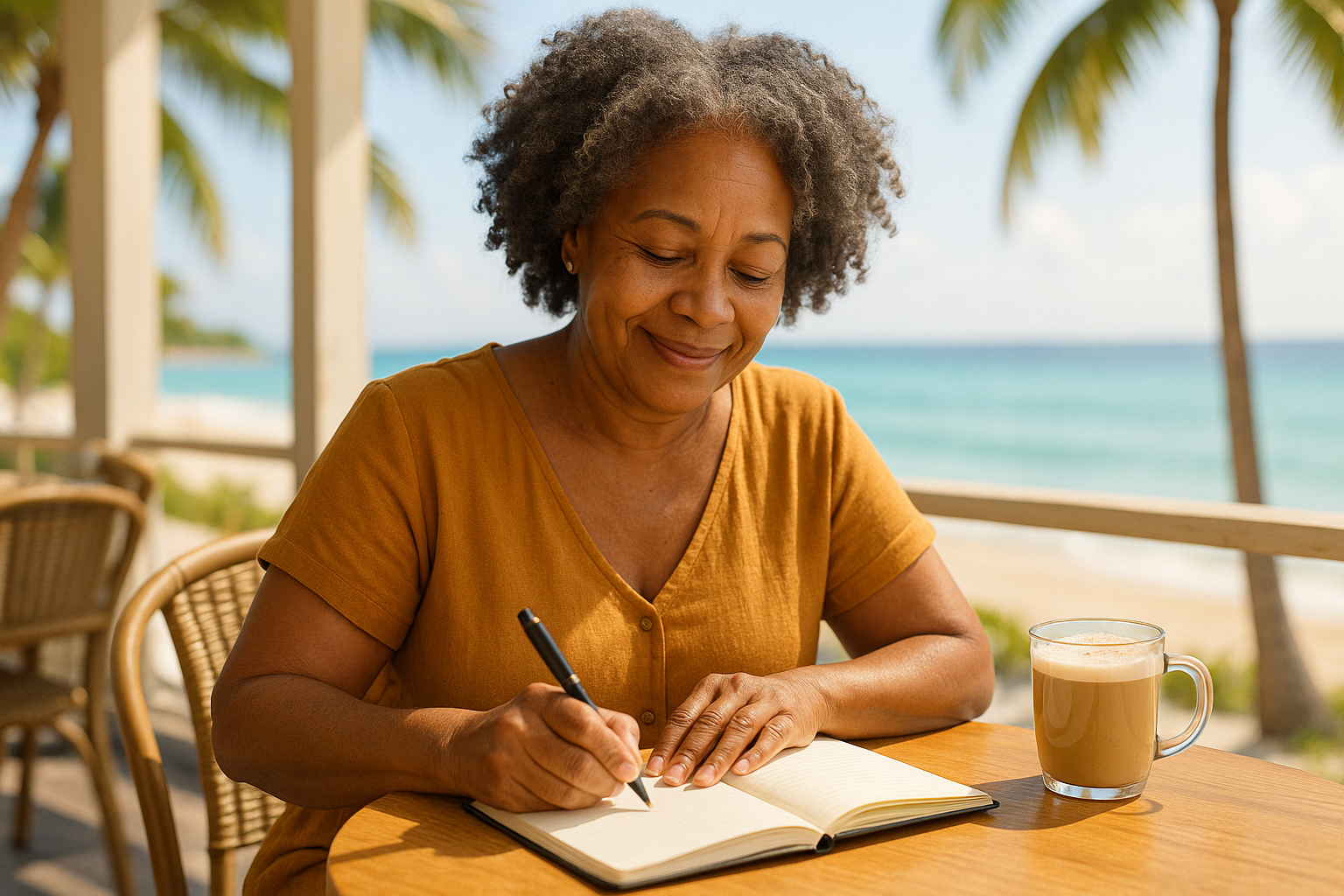 a creole woman in her 50's with a hint of gray in her natural hair, she is sitting in a cafe, alongside the sea, with a soy chai tea latte on the table as she is writing in her journal, she is happy and very focused on what she is writing, the sun is shining and the oceam and palm trees can be seen in the background as she sits in this cafe. She looks content and happy.